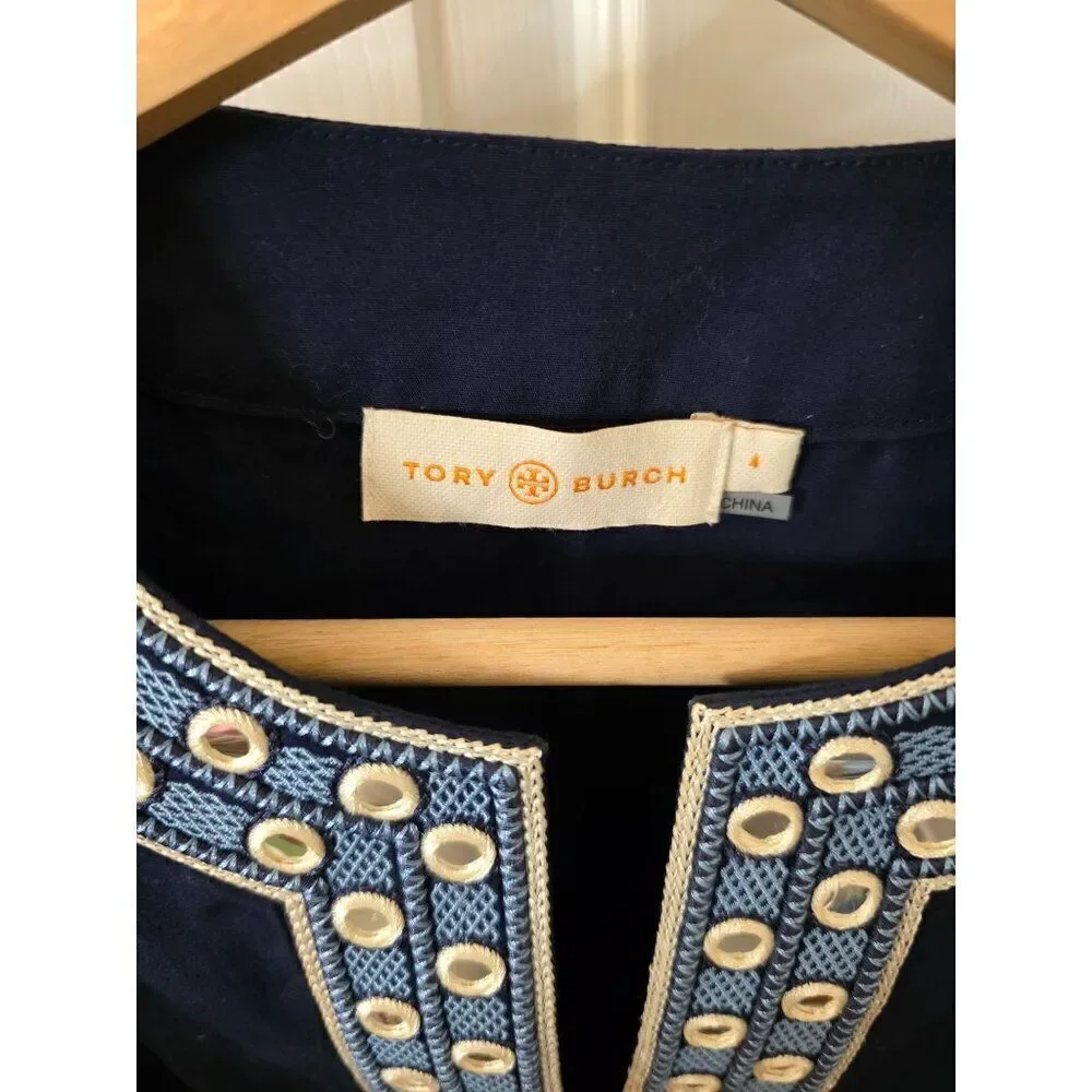 Tory Burch Ariana Crisp Poplin Mirror Applique Tunic 4 Navy